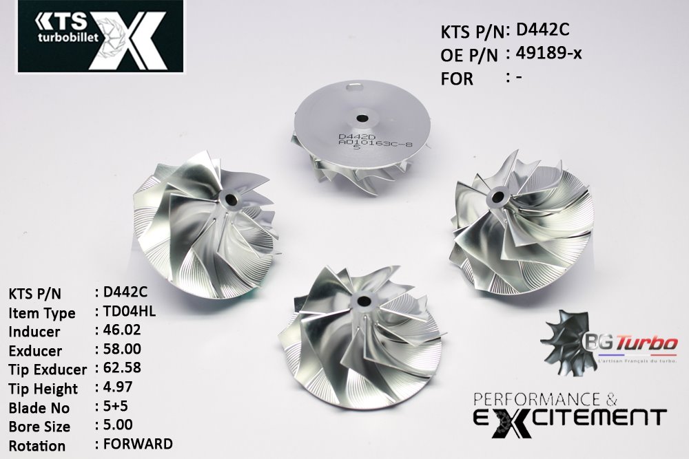 Turbo ROUE FORGÉE MFS PERFORMANCE - 5+5 PALES - INDUCER : 46,02 - EXDUCER : 58 - TYPE : TD04HLANGLE : 70° - ROTATION : Forward - SUPER BACK : 1,895 - BORE SIZE : 5
